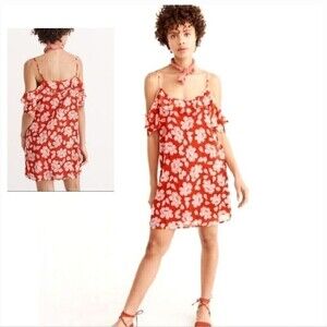 Abercrombie & Fitch Cold Shoulder Flutter Ruffle Sleeve Red Floral Dress Size XS